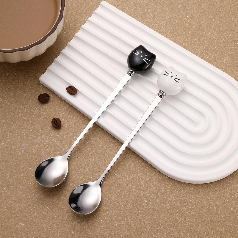 Cartoon Ceramic Spoon Ceramic Black And White Cat Spoon Ice Cream Spoon Stainless Steel Coffee Spoon