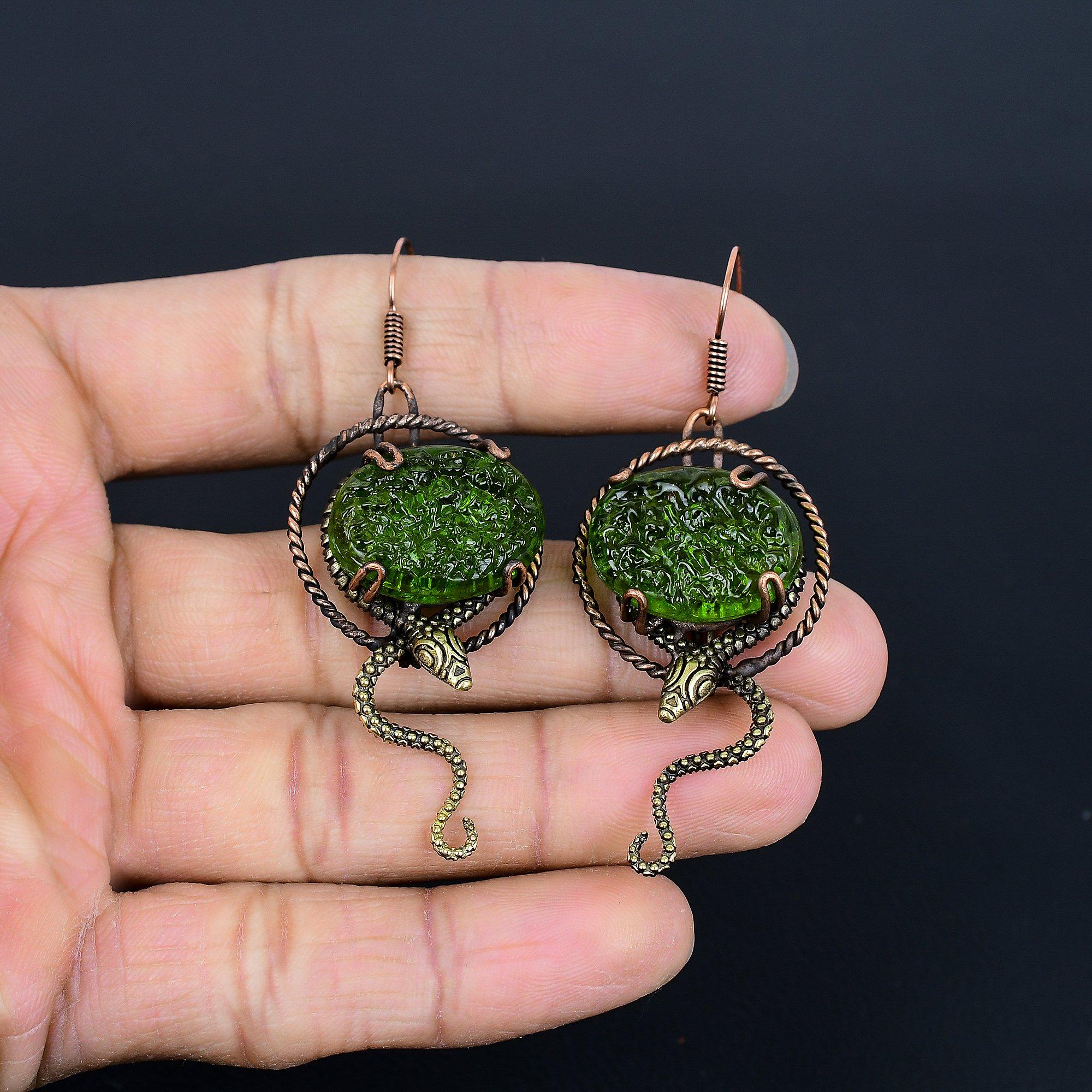 

Moldavite 999 Copper Wire Wrapped Earrings, Handmade Gemstone Jewelry Earrings For Memorial Day 2.75 Inches зелёный