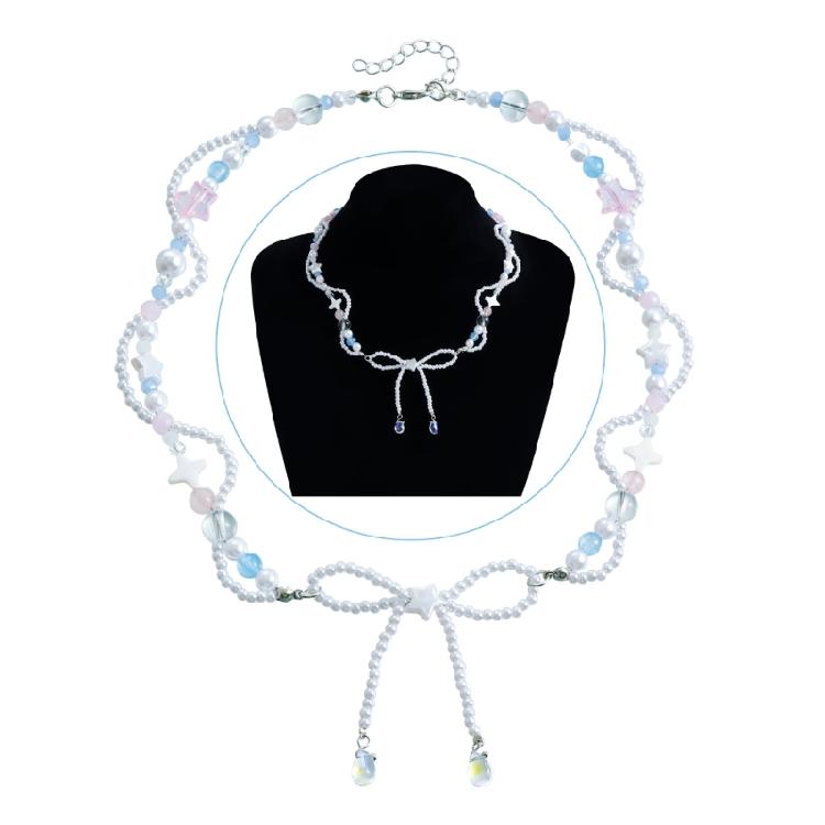 Delicate Chic Collarbone Chain Beautiful Beaded Necklace with Bowknot Pendant