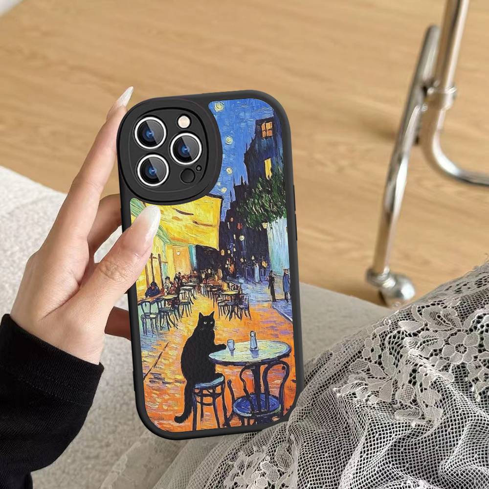 Funny Cats Van Gogh Phone Case For IPhone 16 15 14 13 Pro Max 11 12 Plus Leather Silicone Cover