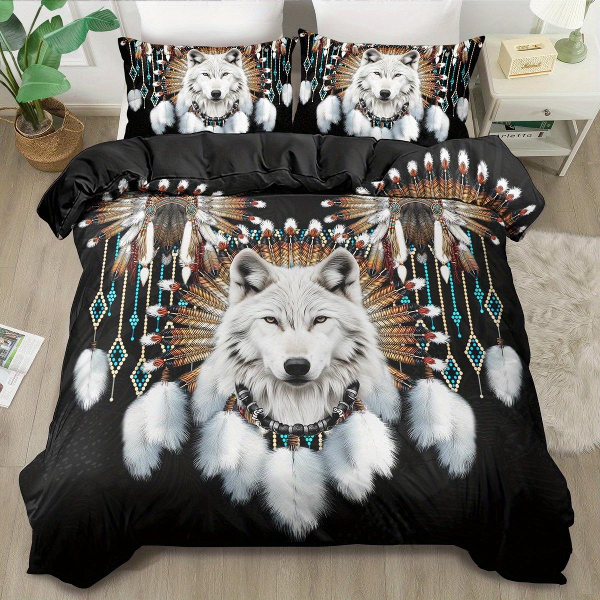 

3pcs Soft Comfortable Wolf Duvet Cover Sets King Western Tribe Wolf Bedding Set Animal Print Duvet Cover Sets for Bedroom EU Twin(135x200cm)