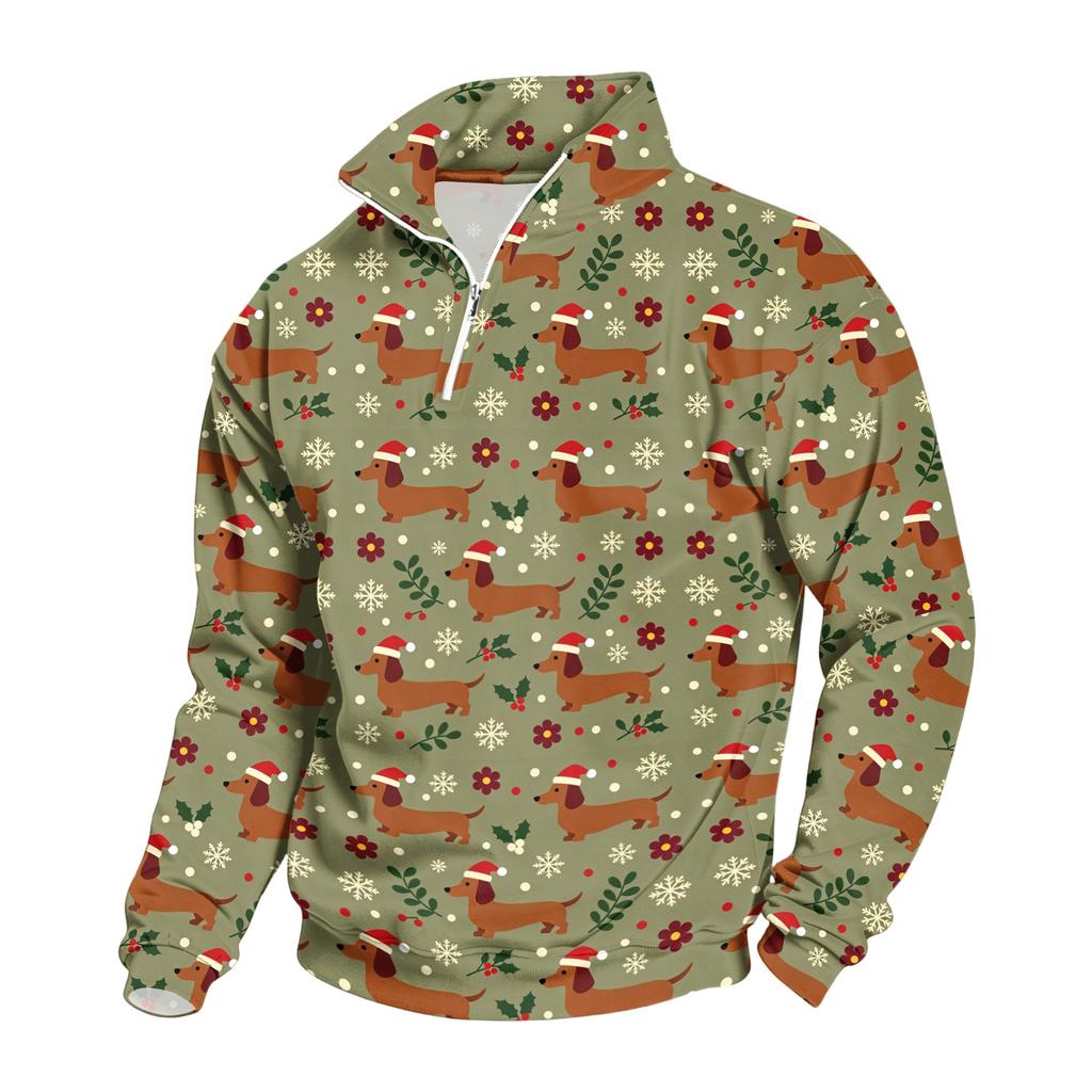 Men's Casual Quarter-Zip Stand Collar Sweatshirt with Christmas Print, Holiday Pullover