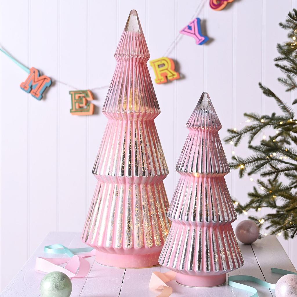 Medium Pink Crackle Effect LED Glass Christmas Tree