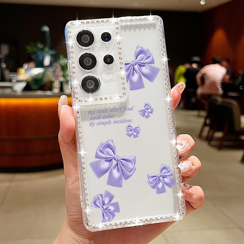 Pink Bow Print Phone Case For Samsung Galaxy A55 A56 A54 A36 A15 A26 A16 5G S25 Edge S24 S23 S22 Ultra S23 FE Diamond Soft Cover
