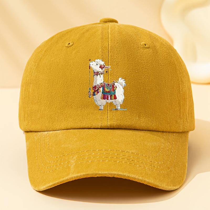 Mens Womens White Alpaca Print Baseball Cap Vintage Washed Lightweight Curved Brim Snapback Hat Suitable for Outdoor Trav