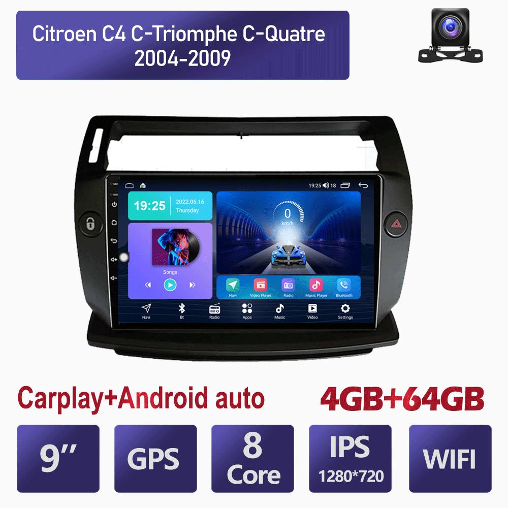 9palcové autorádio Carplay pro Citroen C4 C-Triomphe C-Quatre 2004-2009 Android do auta Multimediální přehrávač videa GPS Navigace WIFI 4+64GB
