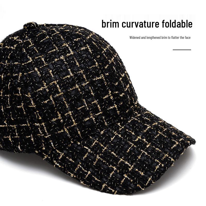 Classic French Style Plaid Baseball Cap for Women - Gold Thread, Hard Brim, Fashionable Autumn/Winter Accessory