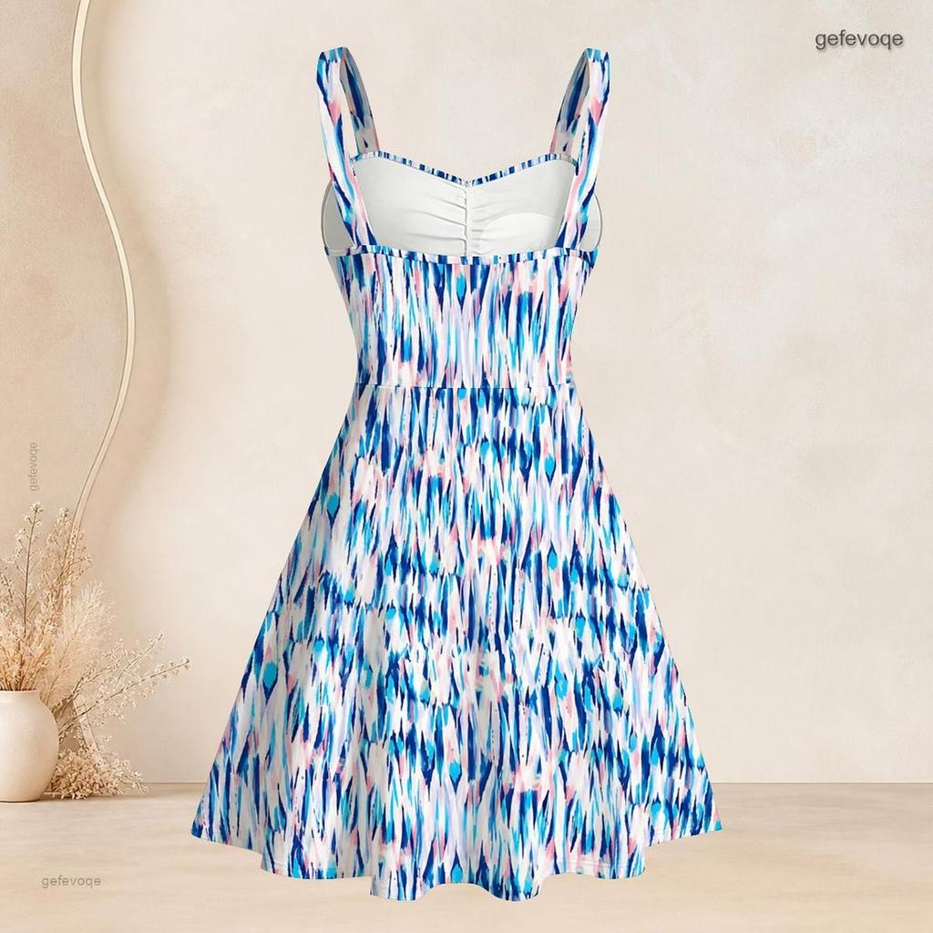 Women Plus Size White Purple Printed Sleeveless Strappy Dress Square Neck Fitted Waist Flared Hem