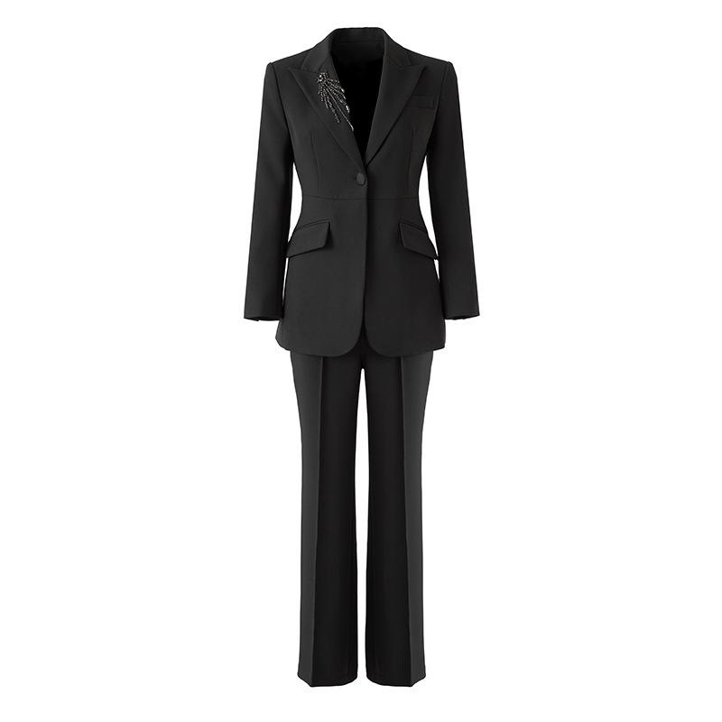 

2026 Elegant High-End Black Suit Set with Padded Shoulders & Rhinestones for Spring/Autumn S чёрный