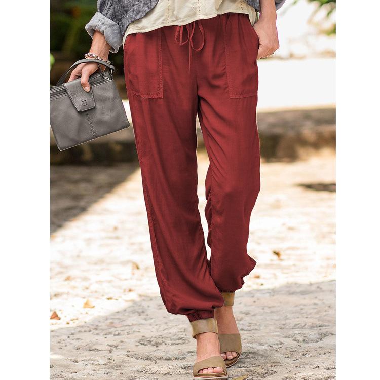 Women's New Summer Lace-up Trousers Solid Colour Stretch Drawstring Pockets Casual Trousers for Women