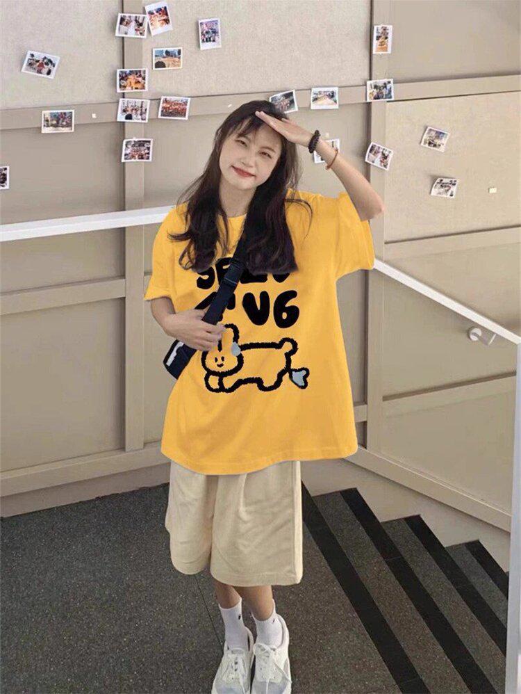 Damen Übergröße Retro Baumwolle Kurzarm T-Shirt, Schlankmachender Lockerer Schnitt, Trendiges Koreanisches Sommer Oberteil