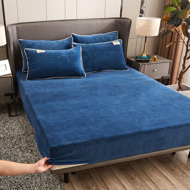 Solid Color Crystal Velvet Fitted Sheet Set - Single Piece Bed Sheet with Mattress Protector