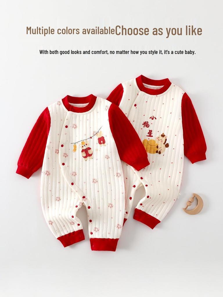 Unisex Newborn Romper: Red Three-Layer Quilted, Warm for Autumn/Winter, Perfect for Chinese New Year, Class A Quality
