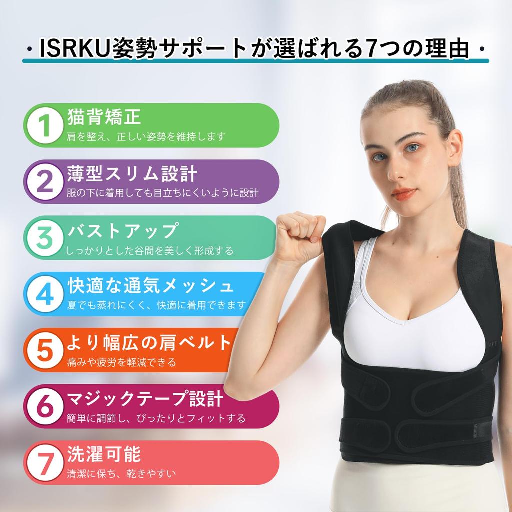 ISRKU Red Dot Award Winning Posture Support Belt for Back and Rounded Easy to Adjustable Black [German Brand] Slouching, Support, Shoulders, Unisex,