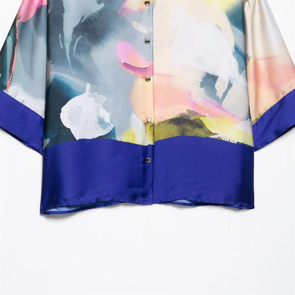 Spring/Summer 2025 Women's Versatile Silk Satin Print Shirt