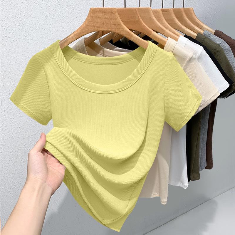 Women's High-Quality Ribbed Round Neck Short Sleeve Slimming T-Shirt – Versatile, Stretchy, Solid Color Summer Top