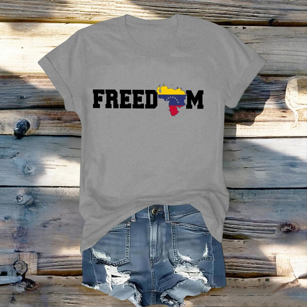 Women's Fashionable Round Neck Casual Retro Print Short Sleeved T-shirt Top