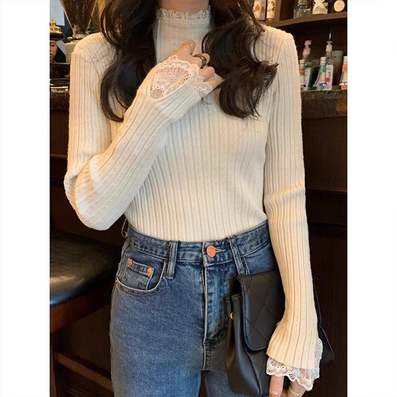 Semi-turtleneck lace splicing knitted top women's spring slim-fit temperament inner bottoming shirt soft waxy sweater