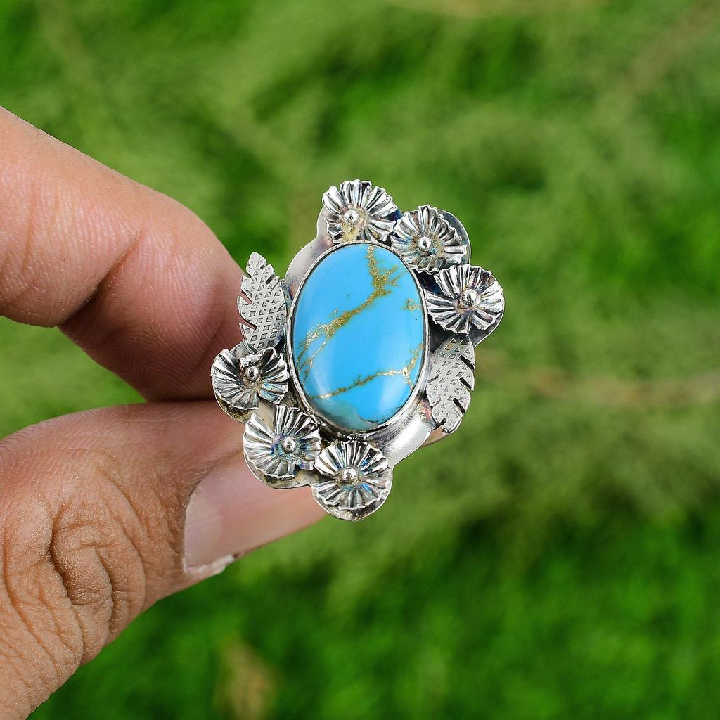 Natural Copper Arizona Turquoise Solitaire Flower Adjustable Ring 925 Silver