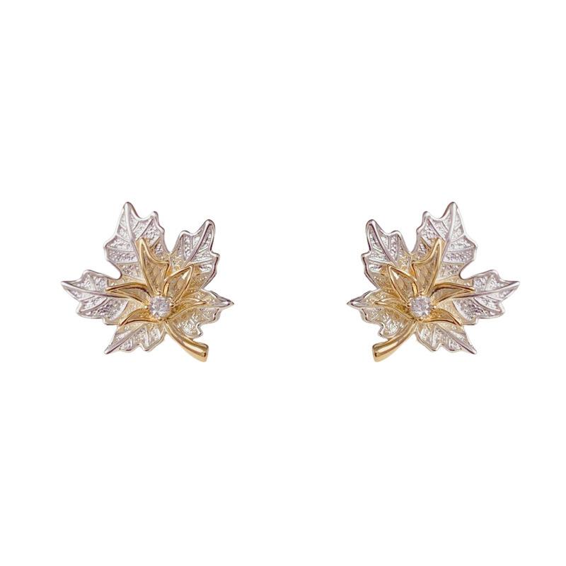 Women Fashion Minimalist Color Block Maple Leaf Metal Stud Earrings