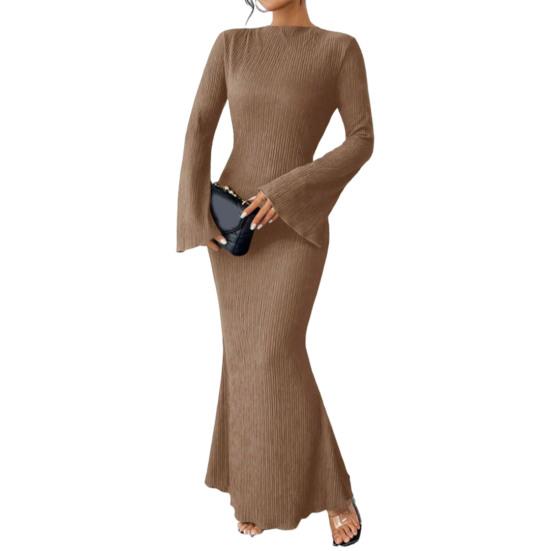 Women's Bell Long Sleeve Bodycon Maxi Dress Mock Neck Slim Fit Party Cocktail Dress Fall Wedding Guest Dress