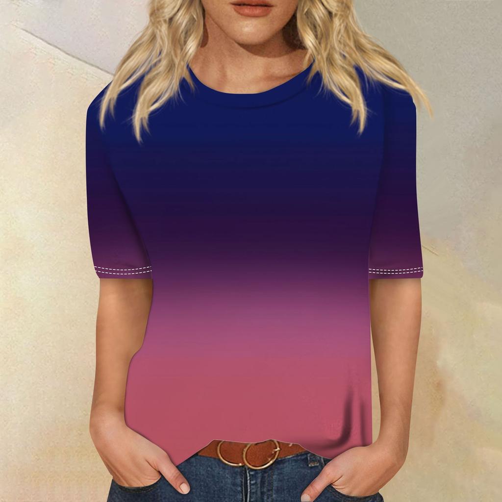 Modisches, lässiges Top mit drei halben Ärmeln und abgestuftem Druck für Damen mit Rundhalsausschnitt