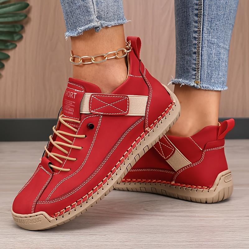 [Red Microfiber Sneakers] Vibrant Red Women's Microfiber Lace-Up Casual Sneakers | Low-Top Sporty Design, Breathable Fabric Lining