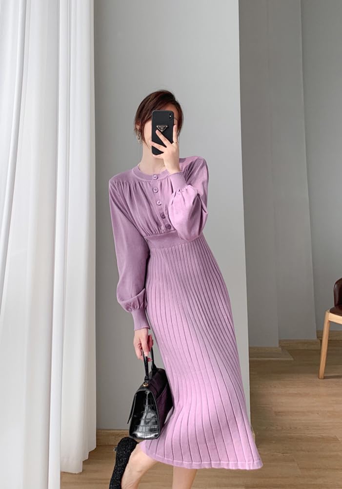 Vilaria Knit Long Round Solid Casual Women's Dress, Sleeve, Neck, Flattering, Autumn/Winter, Color, Stylish,