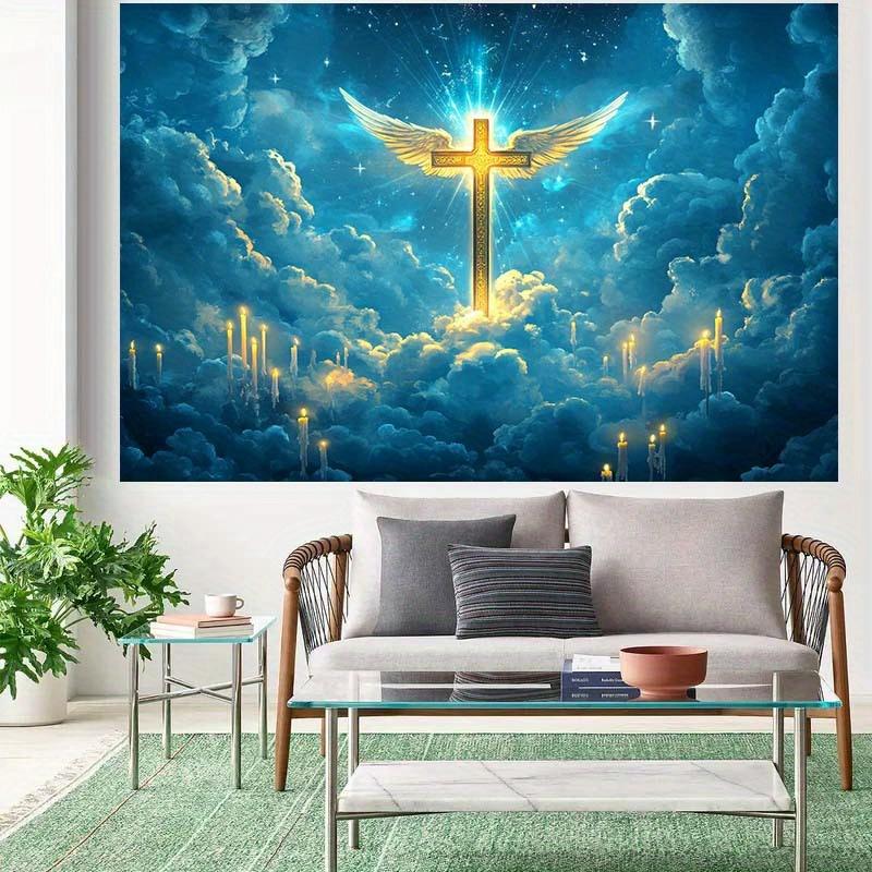 1 golden cross wing and cloud candle religious background cloth - Baptism decoration, party background