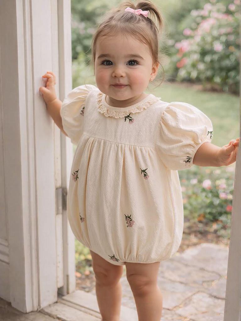 Korean Baby Girl Embroidered Lace Romper - Summer Short Sleeve Bodysuit