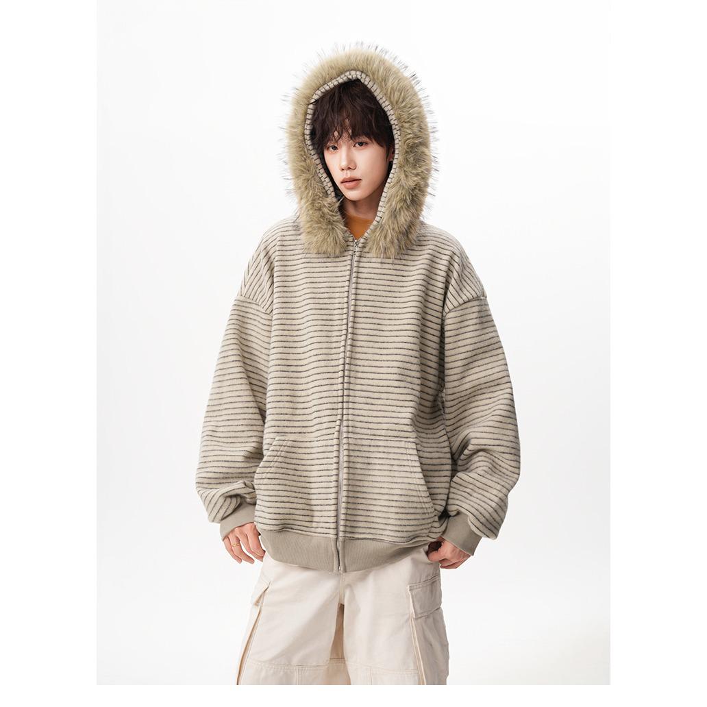 Men s 2025 Striped Hooded Cardigan Sweatshirt - Casual, Versatile, Loose American Style XL