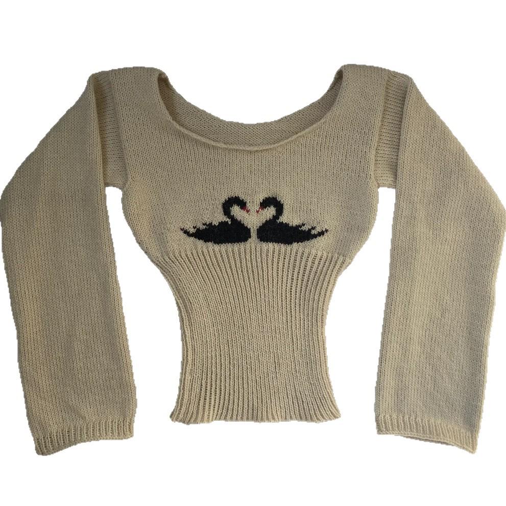 Y2K Swan Print Slim Fit Long Sleeve Sweater