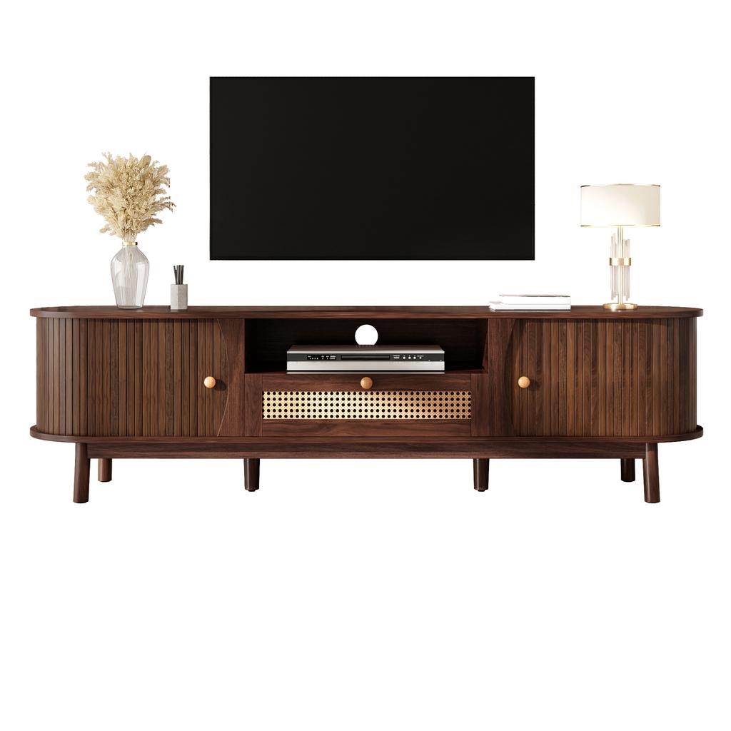 TV Cabinet with Doors and Drawers. TV Cabinet Made of Rattan, Solid Wood Doors, Storage Solution In Country House Style – Low Front Panel.
