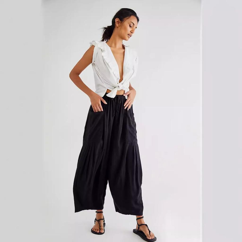 Women's High Waist Loose Pants Female Fashion Casual Solid Color Wide Leg Pants Pleated Long Pants