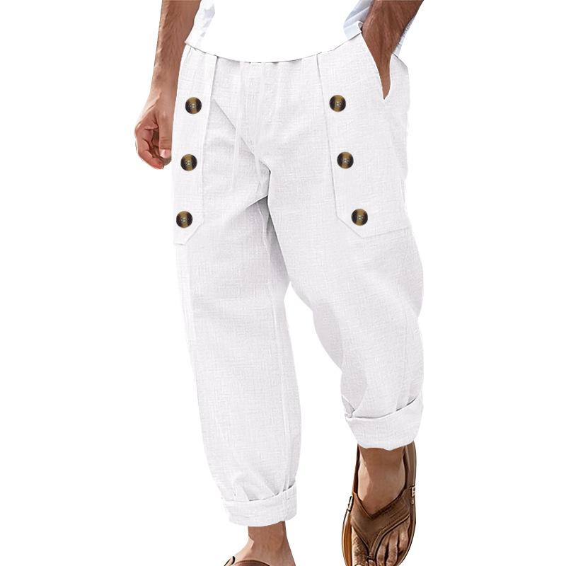 Fashion Men's Casual Trousers Beach Men's Casual Multi-button Cotton Linen Loose Trousers Men