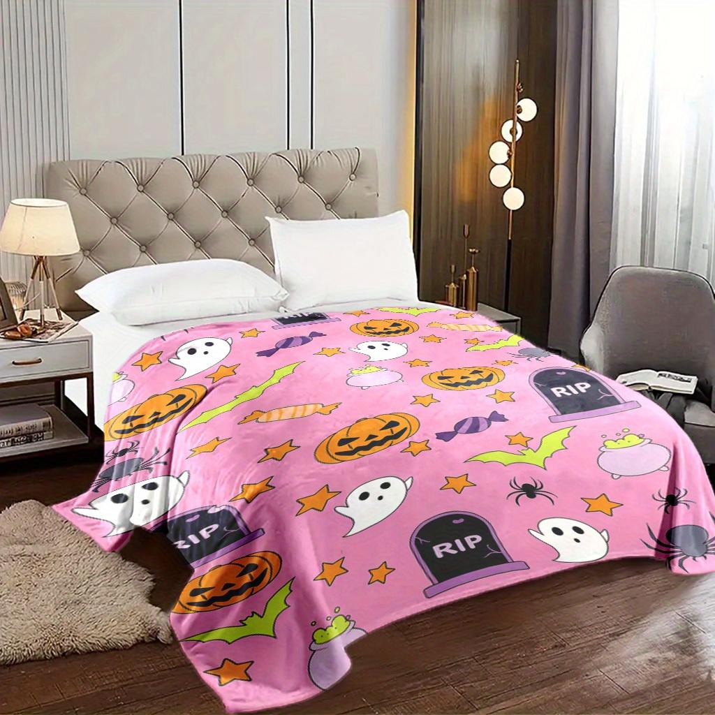 1pc Halloween Blanket with Ghosts, Bats, Pumpkins & Tombstones - Soft Pink Purple Orange Yellow Flannel Throw for Couch, Bed
