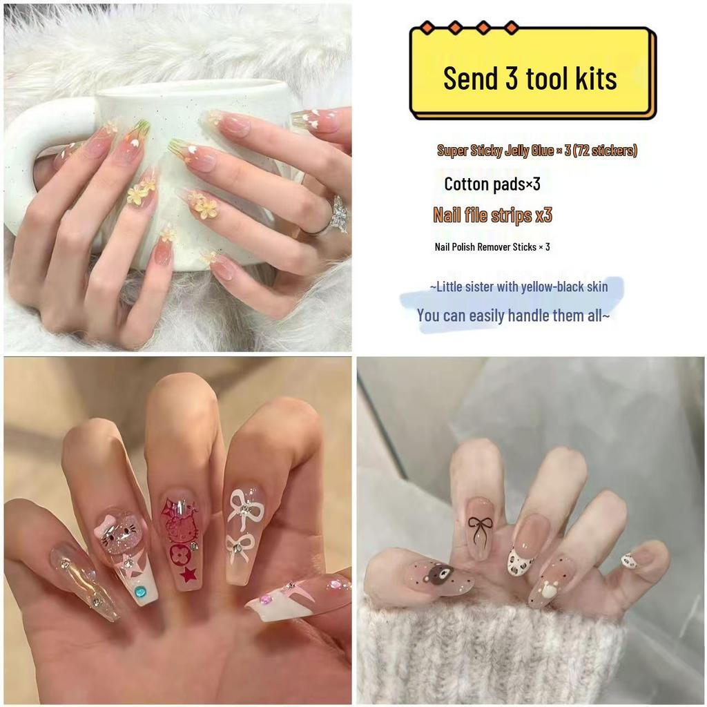 Popular Handmade Heart Bow Pearl Chain Nail Art Tips - Set of 30 Wearable Fake Nails