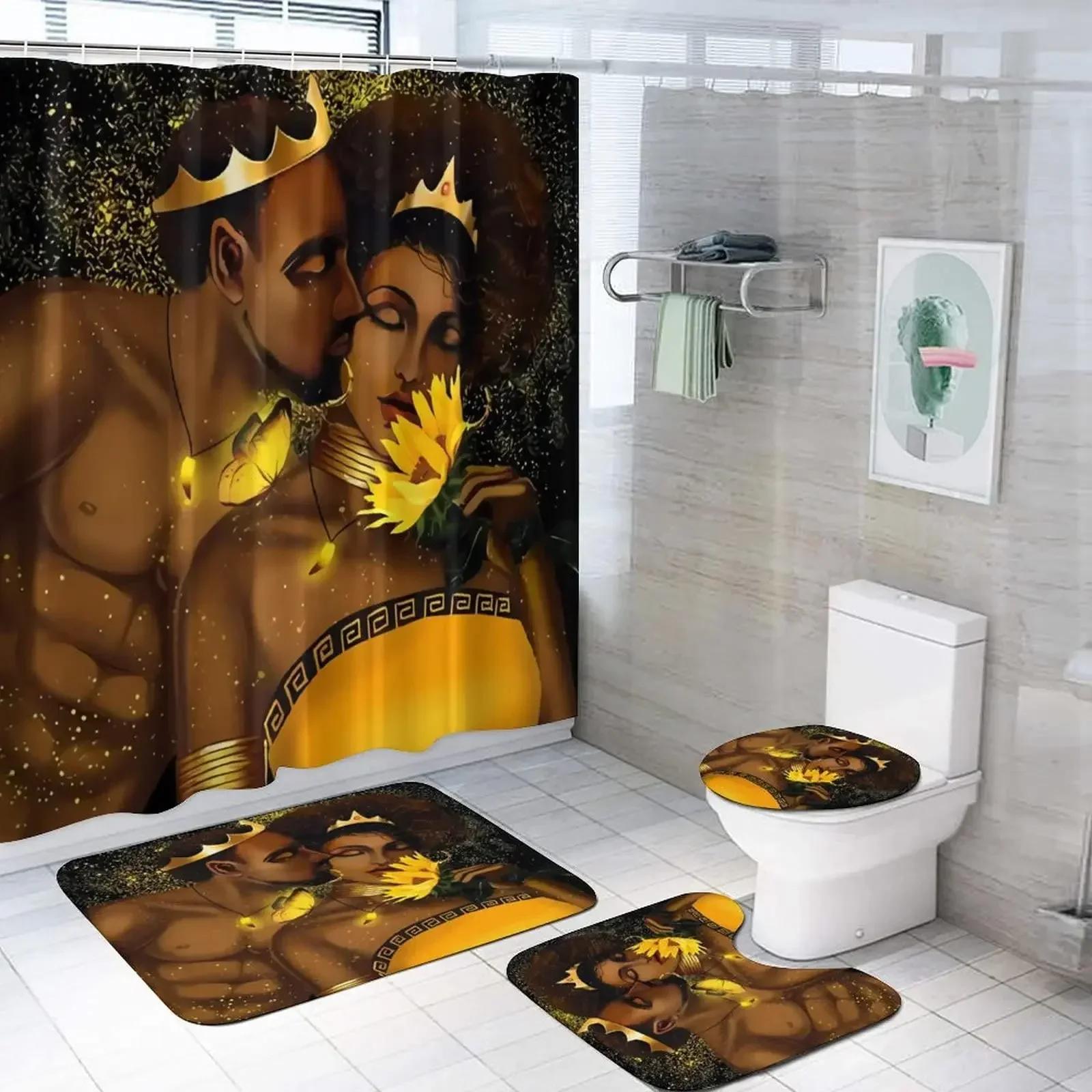 

African American Shower Curtain Set Romantic Couple Black Queen Luxury Goldcrown Mandala Flower Bathroom Decor Non-Slip Bath Mat W60H190(CM)-1 Pcs