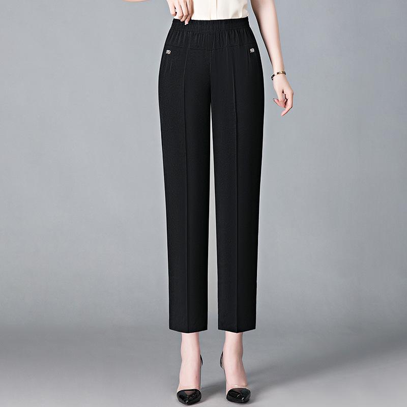 Modische elastische Skinny-Hosen aus Kunstseide mit elastischem Bund für Frauen mittleren Alters und ältere Frauen - Frühling/Sommer, verkürzter Stil