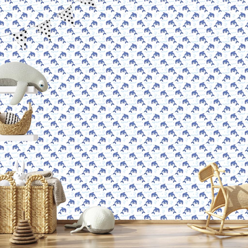 Dolphins Wallpaper White and Blue for Living Room and Bedroom 50x1000