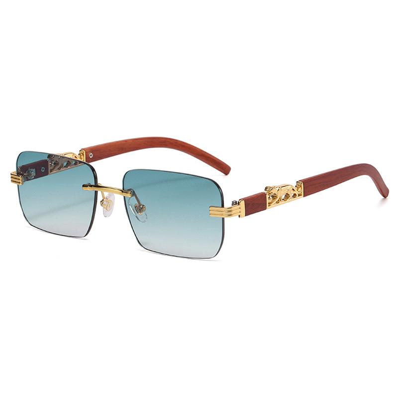 Gafas de Sol Cuadradas Vintage Sin Montura Mujer Hombre Lujo Populares Viaje Conducir Metal Cabeza de Leopardo Gafas de Sol UV400