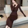 Autumn and Winter New Slim Fit Base Knitted Sexy Dress Women Elegant Mid Length V-neck Sweater Dress Women Solid High Waist Casual Party Dresses 25956