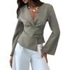 Women's V Neck Fashion Commuter Waist Pleated Asymmetric Hem Women's Shirt Long Bell Sleeve Tops for Women