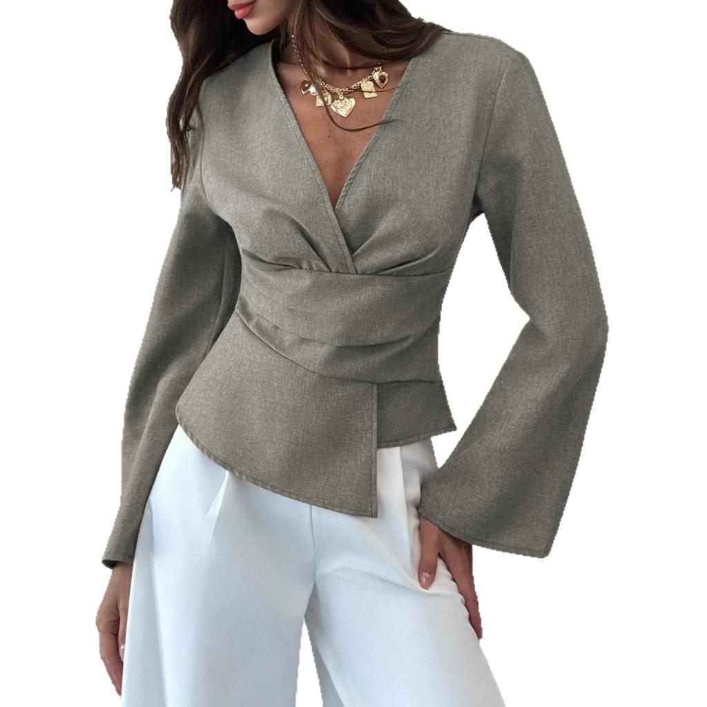 Women's V Neck Fashion Commuter Waist Pleated Asymmetric Hem Women's Shirt Long Bell Sleeve Tops for Women