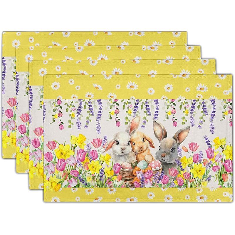 Easter Bunny Placemats Watercolor Floral Table Decor Non-Slip Heat Resistant Dinner Mat Spring Holiday Home Decor Tableware Pad
