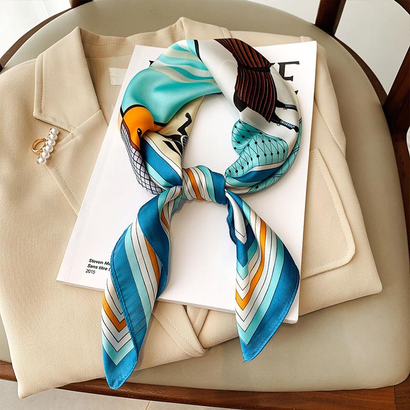1Pcs 70Cm Horse Element Plaid Silk Scarf For Women Imitation Silk Trendy And Versatile Headwear Clothing And Square Scarf