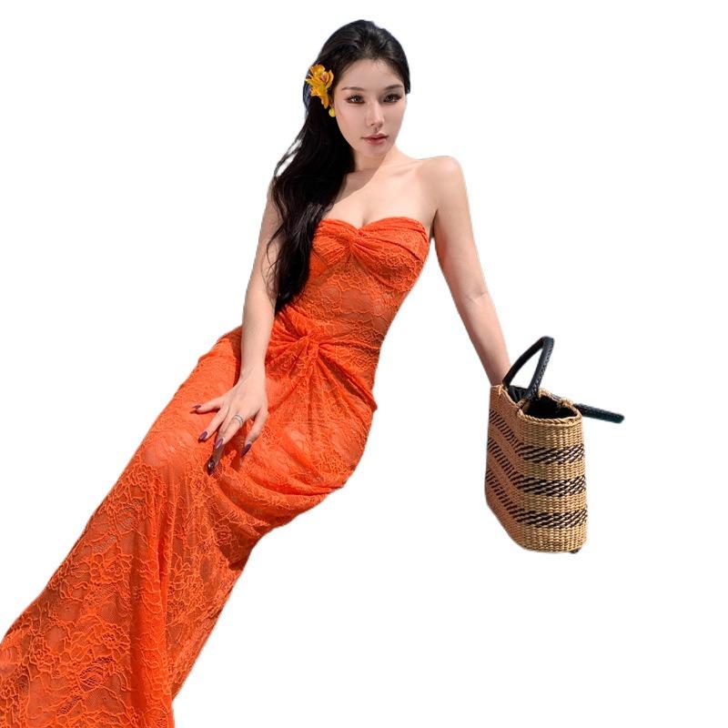 Neuer Insel-Shop Orange Hohlspitze Hüftfalten Röhrentop Reines Verlangen Sexy Langes Kleid Kleid