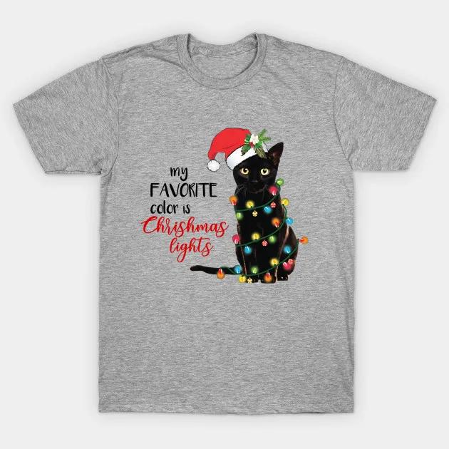 Funny Christmas Lights Black Cat Xmas Gift T Shirt New 100 Cotton Short Sleeve ONeck Tshirt Casual Unisexs Top