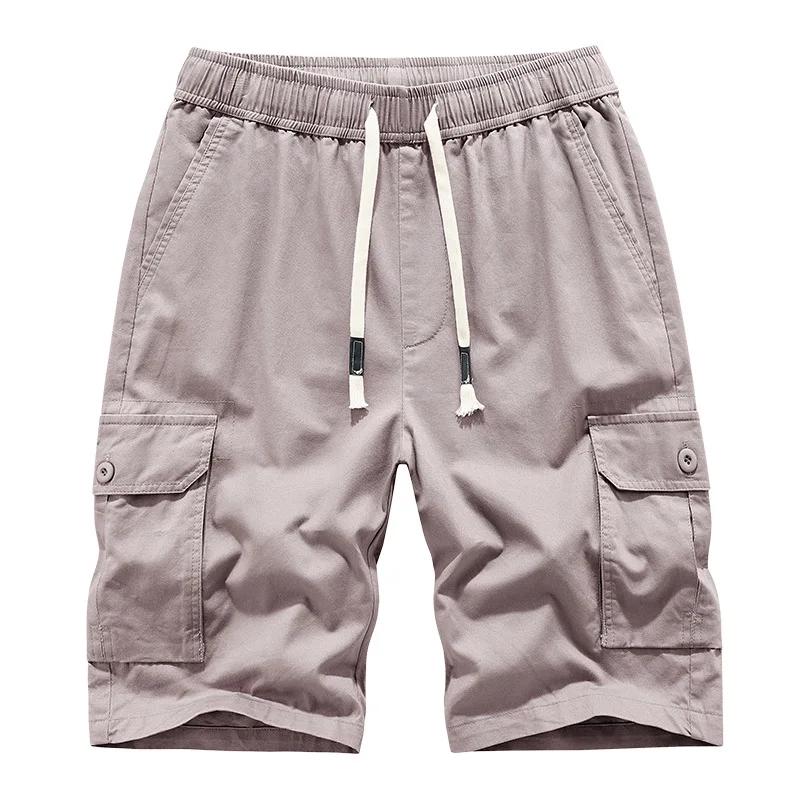 2026 Men Cotton Cargo Shorts Men Elastic Waist Solid Loose Casual Shorts Men Jogger Multi Pocket Knee Length Short Pants 30-42