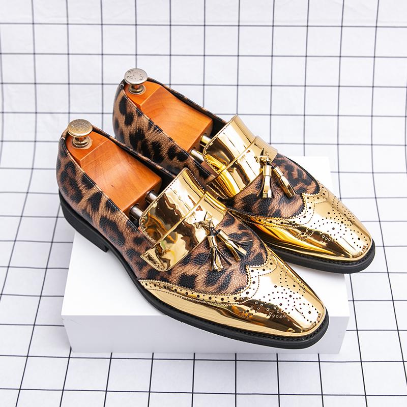 Fashion Golden Block Color Blocked Leopard Print Glossy Finish Leather Casual Slip on Non-slip Men Fashion Party Dance Stage Loafer Shoe